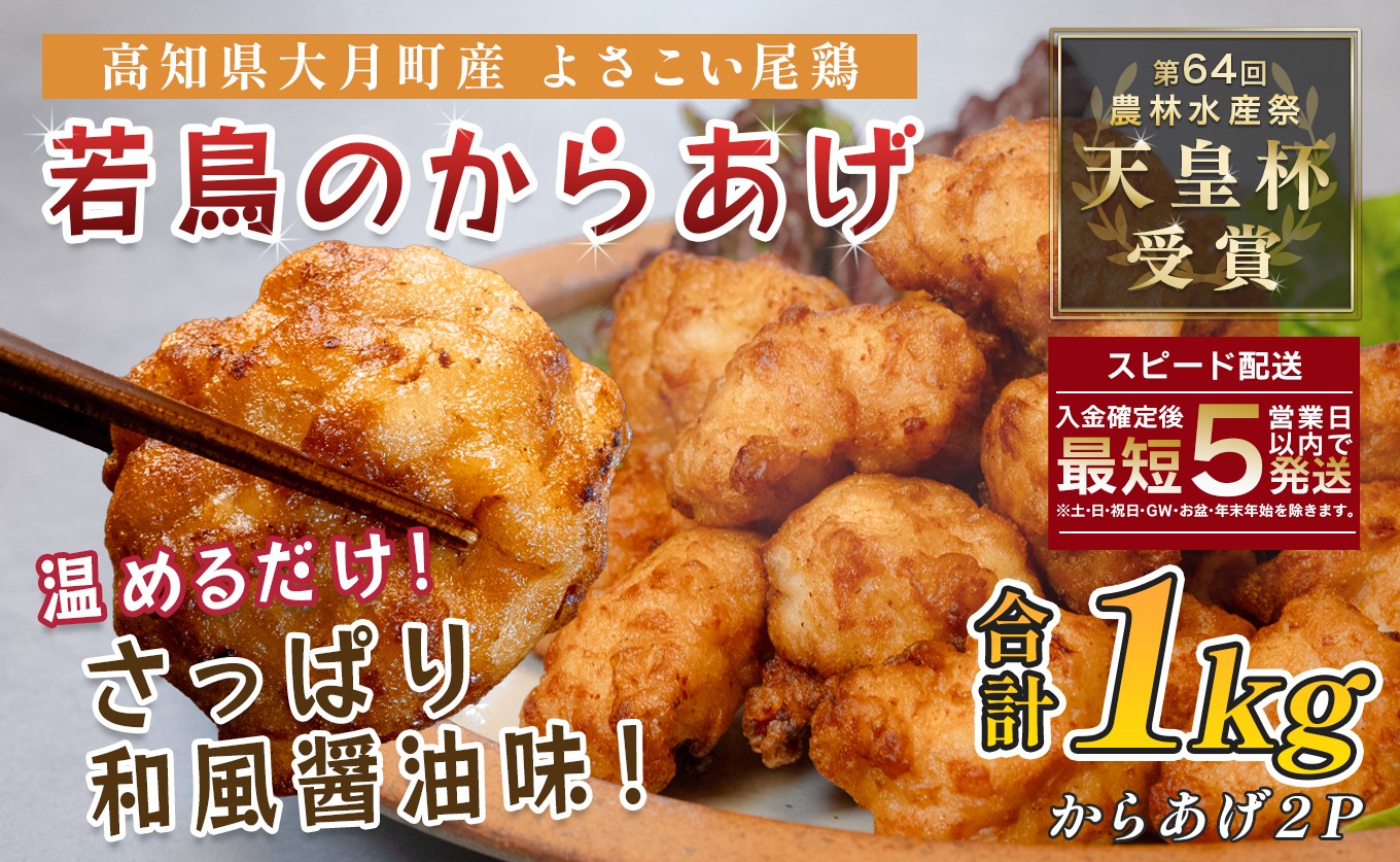 
                  国産 よさこい尾鶏 鶏肉 和風しょう油唐揚げ 1kg 国産鶏肉 レンチン レンジ 冷凍 簡単調理 時短調理 タイパ おかず お弁当 晩ごはん おつまみ 惣菜 人気 セット チキン 唐揚げ 高知県 大月町産
                