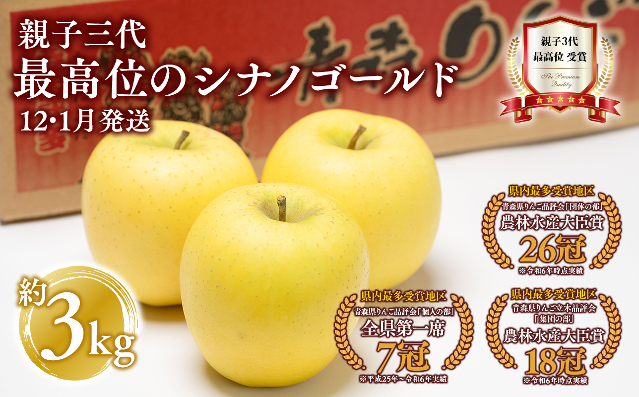 【12月・1月発送】 家庭用 親子三代最高位のシナノゴールド 約3kg【全国ふじコンテスト最高賞受賞農園・平川市広船産りんご】