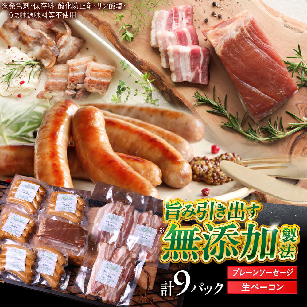 【ふるさと納税】中山道ハム プレーンソーセージ 生ベーコン 計9パック 小分け 冷凍 瑞浪市 / オーガニックフーズ お取り寄せ 小分け 手作り 無塩せき 発色剤 保存料 無添加[AZAK007]
