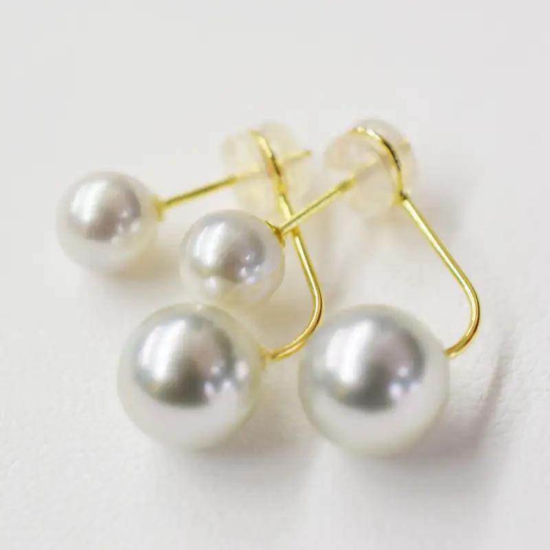 S101-252_天草産 6mm-6.5mm＆8mm-8.5mm ピアス あこや真珠 ナチュラル スタッド ダブルパール L字 K18 K14 真多麻級