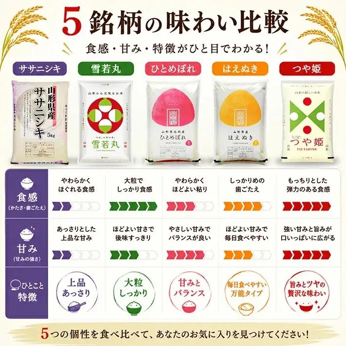  (1月～5月) ≪5ヶ月定期便≫ 精米 5銘柄食べ比べセット 各5kg 5ヶ月連続 計25kg 令和8年産 ササニシキ 雪若丸 ひとめぼれ はえぬき つや姫 山形県産 毎月下旬にお届け 山形県 遊佐