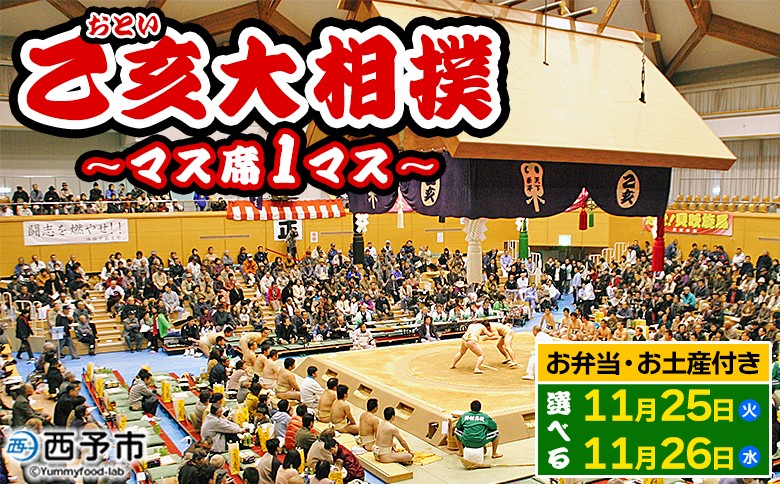 
            乙亥大相撲 マス席 1マス【11月25～26日開催】（お弁当・お土産付き） 行事 伝統 観覧 観戦 野村 選べる 相撲 すもう ます席 3人席 スポーツ 指定席 チケット 入場券 娯楽 おといおおずもう せいよ野村観光協会 愛媛県 西予市【常温】
          