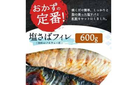 定期便【全3回/毎月お届け】大人気！ ご家庭用 塩さばフィレ＆紅鮭切身セットの定期便 / さば サバ 鯖 フィレ 鮭 サケ 切り身 切身 魚 海鮮 焼き魚 おかず 定期便【tkb355】