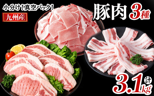小分け・真空パック!九州産豚肉3種(計3.1kg) 小分け 真空パック 豚肉 豚 ロース バラ モモ ウデ バラエティ セット とんかつ とんてき 野菜炒め a6-082