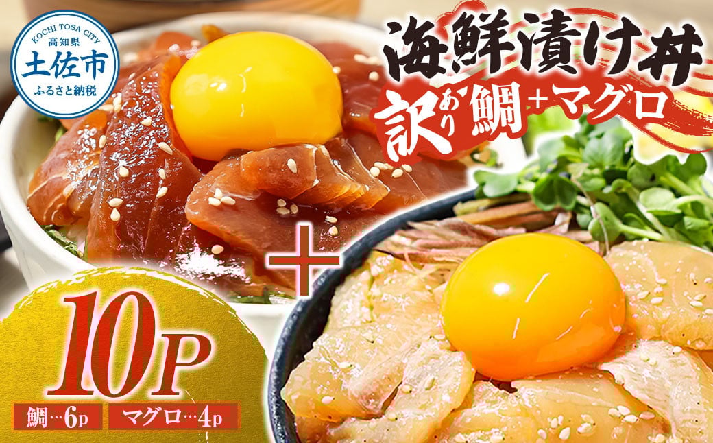 
訳あり海鮮漬け丼（タイ6P・マグロ4P）セット 漬け丼 漬け 鯛 鮪 マグロ 赤身 食べ比べ 海鮮 魚 冷凍 食品 保存食 小分け 高知 土佐 海鮮丼 漬け丼 ぶっかけ お茶漬け 鯛めし 惣菜 そうざい 訳アリ わけあり 不揃い 規格外 故郷納税 返礼品
