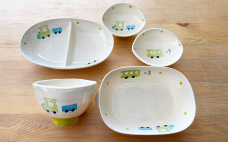 【瀬戸焼】子供用食器5点セット(汽車・バス)【窯元SOUSEN】[BBCQ006]子ども食器 離乳