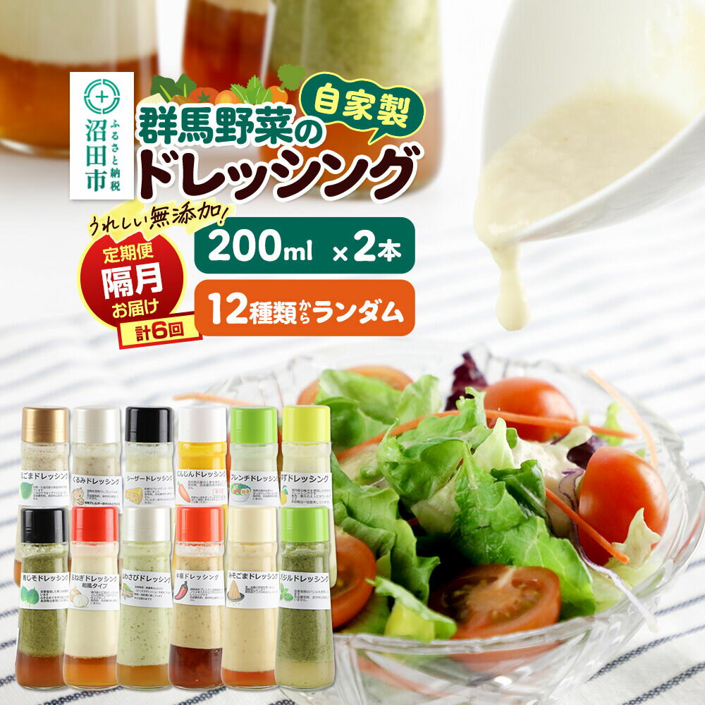 【ふるさと納税】【定期便6回を隔月でお届け】自家製・群馬産野菜で手作りドレッシング 12種類セットからランダム 200ml×2本 全6回で全種類堪能 泙川食品 [どれっしんぐ ドレッシング 山わさび くるみ シーザー 青じそ にんじん ゆず バジル]