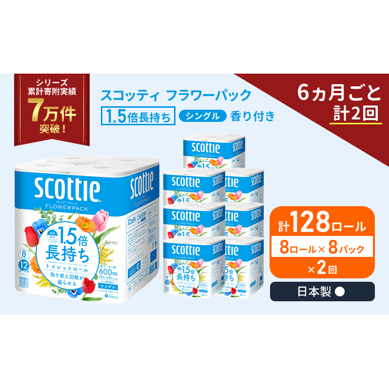 定期便 トイレットペーパー シングル スコッティ 1.5倍長持ち 128ロール ( 8ロール × 8パック)《 6ヶ月ごと 計  2回 》 フラワーパック 香り付き