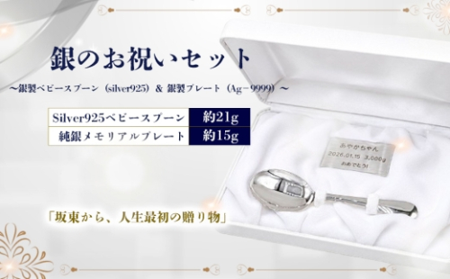 銀のお祝いセット　～銀製ベビースプーン（silver925）＆銀製プレート（Ag−9999）～ ／ ベビースプーン 銀製ベビースプーン silver925 純銀プレート メモリアルプレート 名入れ 出産祝い 誕生記念 初孫ギフト お食い初め 記念品 オーダーメイド シルバーギフト 高級感 刻印 ギフトセット 赤ちゃん 記念ギフト 贈答用 茨城県 No.905