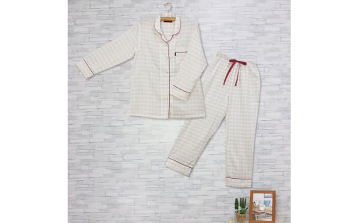 22-35 オーガニックコットンＷガーゼチェックレディスパジャマ【播州織使用】　レッド・Lサイズ