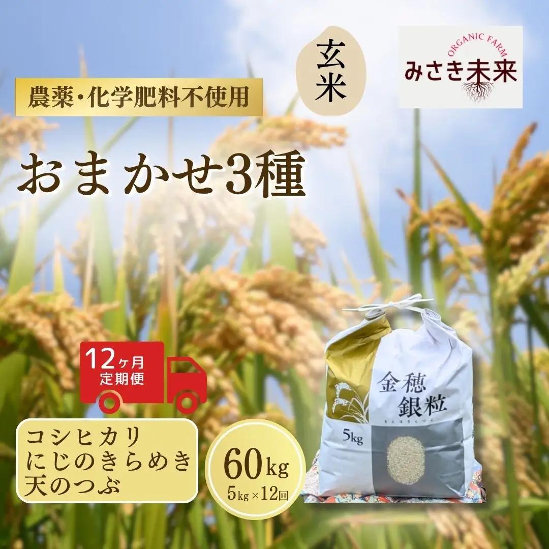 【先行予約】【12か月定期便】玄米おまかせ3品種 各品種・計180kg (5kg×12回) 令和8年産 コシヒカリ・にじのきらめき・天のつぶ | 無農薬 農薬不使用 化学肥料不使用 精米 お米 米 こめ コメ 福島産 福島県産 南相馬 みさき未来 定期便 食べ比べ