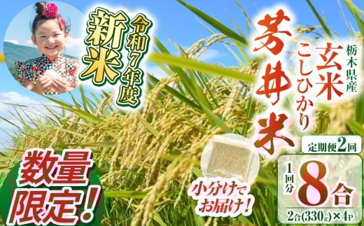 【定期便2回】【数量限定】【令和7年度新米先行予約】新米那珂川町産芳井米 玄米 330g（2合分）×4 | こしひかり 新米 米 ごはん  ふっくら もちもち  ふるさと納税 那珂川町 栃木県