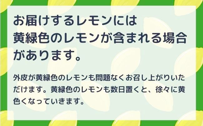 お届けするレモンには、黄緑色のレモンが含まれる場合がありますが、問題なくお召し上がりいただけます。