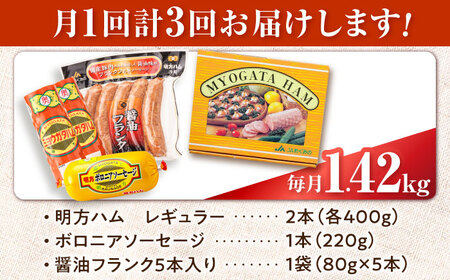 【3回定期便】明方ハム詰め合わせ Bセット / 明方 ハム 厚切り ボロニアソーセージ ハムステーキ 朝食 フランクフルト ウインナー BBQ ソーセージ フランク 箱入り ギフト / 御嵩町 / め