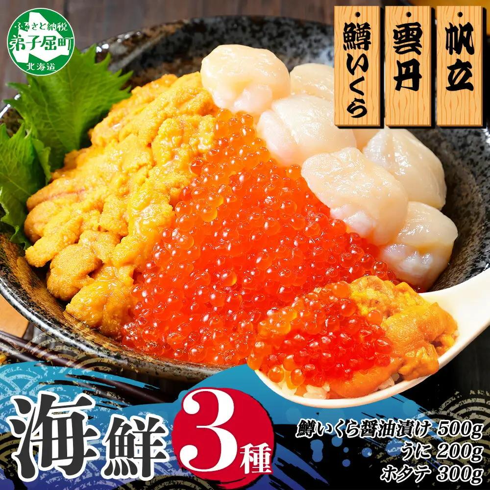 3610. 3種 海鮮丼 鱒 いくら醤油漬け 100g×5 5-6人前 ウニ チリ産 雲丹 うに 200g ホタテ 300g 帆立 いくら いくら醤油 イクラ 魚卵 海鮮 送料無料 北海道 弟子屈町