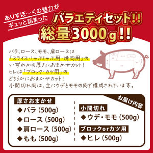 ありすぽーく おまかせカットのバラエティセット 総量3000g ／ 豚肉 バラ ロース モモ ヒレ