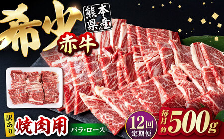 【全12回定期便】【訳あり】赤牛 焼肉用カット（バラ・ロース） 約500g / 不揃い あか牛 焼肉 熊本県産 冷凍[AYBV011]