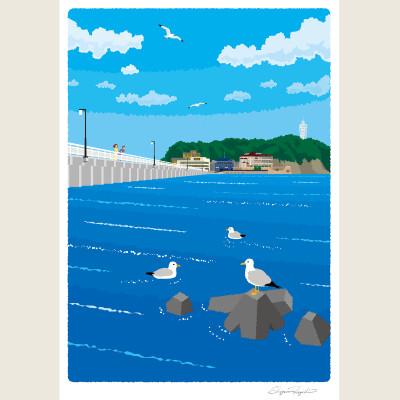 ふるさと納税 茅ヶ崎市 湘南・茅ヶ崎で描く、海を感じるイラストアート『ジークレーアートフレーム　SL-13』(大:四つ切) |  | 02