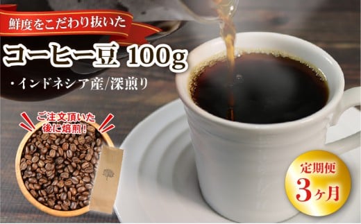 【3ヶ月/定期便】 自家焙煎 コーヒー 豆 100g インドネシア 深煎り