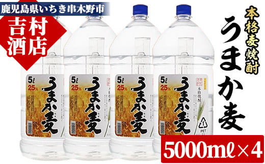 
麦焼酎 「うまか麦」 たっぷり 5L×4本 計20L! 25度 鹿児島 本格麦焼酎 白麹 若松酒造 【E-044H】
