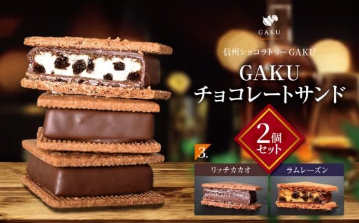 【信州ショコラトリーGAKU】GAKUチョコレートサンド２個セット（リッチカカオ・ラムレーズン各１個入り） │ ふるさと納税 信州 長野県 松本市 お菓子 おかし 甘い チョコ チョコレート サンド カカオ スイーツ デザート