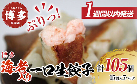 【1週間以内に発送】博多エビ入り一口生餃子 105個 小分け便利7パック　創業40年以上福岡老舗会社製造　