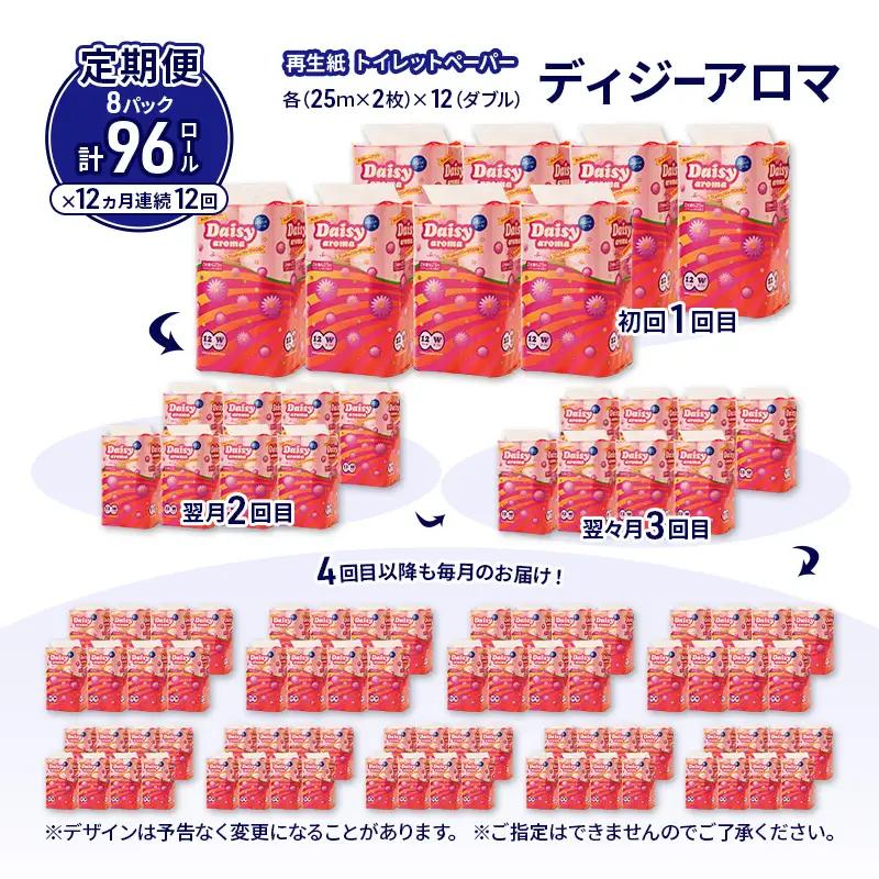 【12ヵ月 連続 定期便】トイレットペーパー ディジーアロマ 12R ダブル （25ｍ×2枚）×8パック 96個 ×12回 日用品 消耗品 114mm ほのかな 香り 微香 芯 大容量 トイレット ト