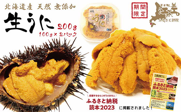 北海道 江差前浜産 生うに 200g（100g×2パック）【無添加・みょうばん不使用】江差産天然キタムラサキウニ　日本海熊石産海洋深層水　塩水ウニ　素材を生かした自然の味　国産うに　雲丹　100グラムパック個包装