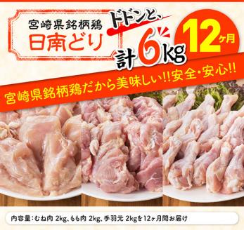 【12ヶ月定期便】宮崎県産若鶏　日南どり　もも肉＆むね肉＆手羽元　計6kg（各2㎏×1） 【 ふるさと納税 鶏肉 鶏 若鶏 もも むね 手羽元 セット 宮崎県産 川南町 おうち時間 おうちごはん 定期