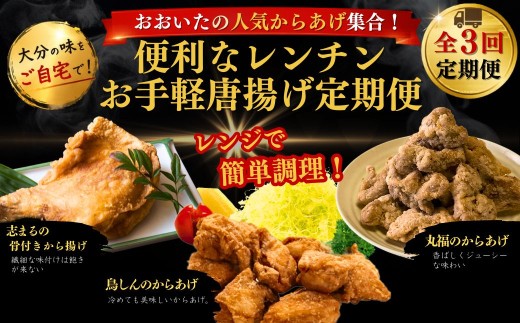 【竹田市・国東市・中津市】おおいたの人気からあげ集合！便利なレンチンお手軽唐揚げ定期便 計3回 | から揚げ おかず お弁当 鶏肉 冷凍 国産 九州 大分県