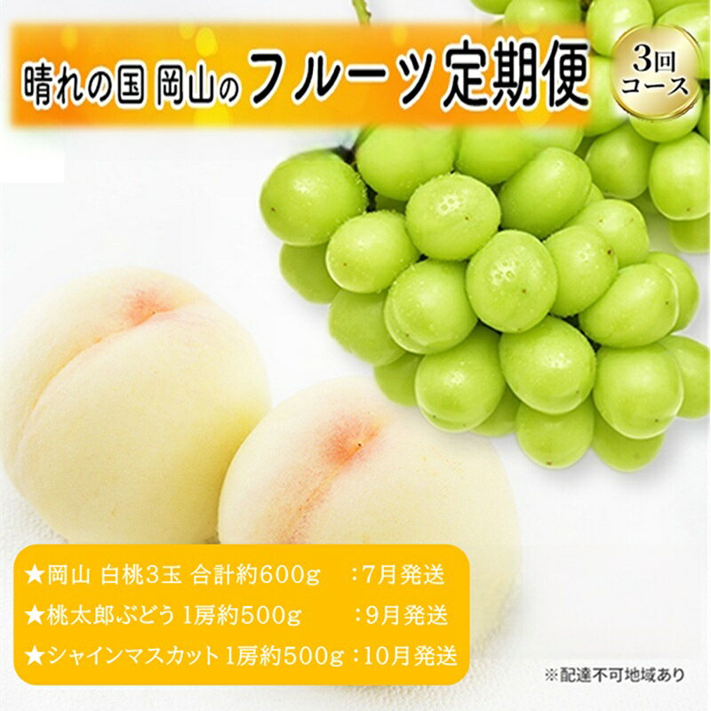 【ふるさと納税】桃 ぶどう 2027年 先行予約 晴れの国 岡山のフルーツ 定期便 3回 コース 岡山 白桃3玉 合計約600g 桃太郎ぶどう 1房約500g シャインマスカット 1房約500g　お届け：2027年7月上旬～2027年10月下旬