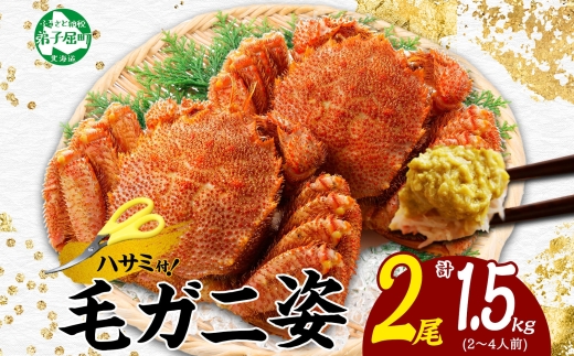3336. 毛蟹 2尾 計1.5kg前後 食べ方ガイド・専用ハサミ付 カニ かに 蟹 海鮮 ボイル 送料無料 北海道 弟子屈町