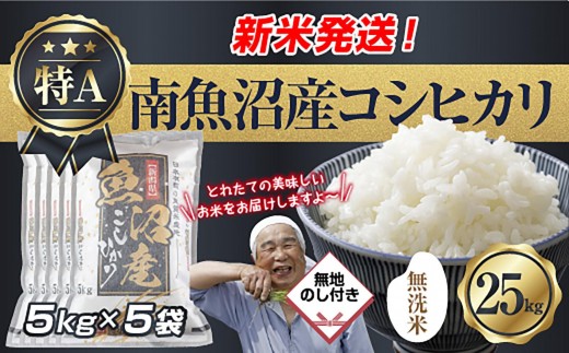 【令和8年産　新米予約】無地のし 「無洗米」 新潟県 南魚沼産 コシヒカリ お米 5kg×5袋 計 25kg 精米済み（お米の美味しい炊き方ガイド付き） お米 こめ 白米 こしひかり魚沼 南魚沼 南魚沼市 新潟県産 新潟県 産地直送【2026年10月中旬より1ヶ月以内に順次発送予定】