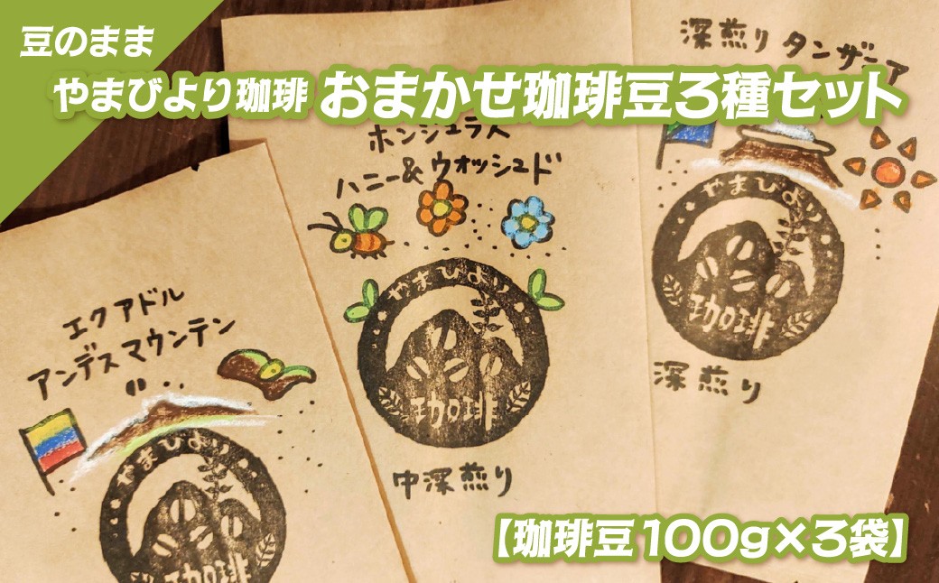 
                  【豆のまま】やまびより珈琲 おまかせ珈琲豆3種セット【珈琲豆100g×3袋】 HNNAF006
                