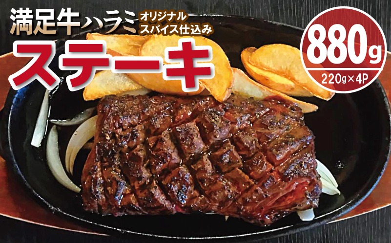 010B1722 【満足牛ハラミステーキ】オリジナルスパイス仕込み 1枚220g×4P 合計880g 【味付け ハラミ ステーキ 小分け 焼くだけ 簡単調理 BBQ 牛肉】