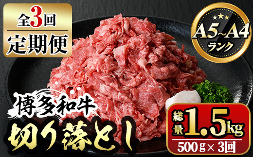 【ksg1368】＜定期便・全3回(連続)＞博多和牛A5～A4 切り落とし(総量1.5kg) 牛肉 黒毛和牛 国産 霜降り化粧箱 贈答 ギフト プレゼント ＜離島配送不可＞【マル五】
