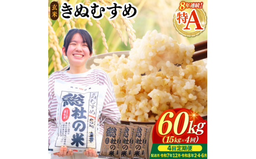 【令和7年産米】特Aきぬむすめ【玄米】60kg 定期便（15kg×4回）岡山県総社市〔令和7年12月・令和8年2月・4月・6月配送〕25-120-014