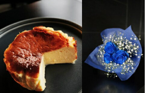 【ふるさと納税】048-010 お花屋さんの下諏訪バスクチーズケーキ＆青いバラ3本とかすみ草の花束