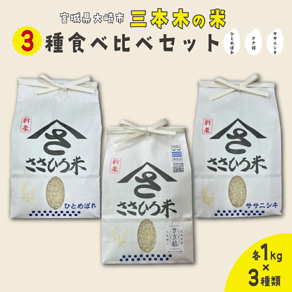 【ふるさと納税】【令和7年産】三本木の米 3種 食べ比べセット 計3kg （ササニシキ・ひとめぼれ・ささ結 各1kg）ささひろ米 佐々広商店｜宮城県大崎市 お米 大崎市産 大崎市