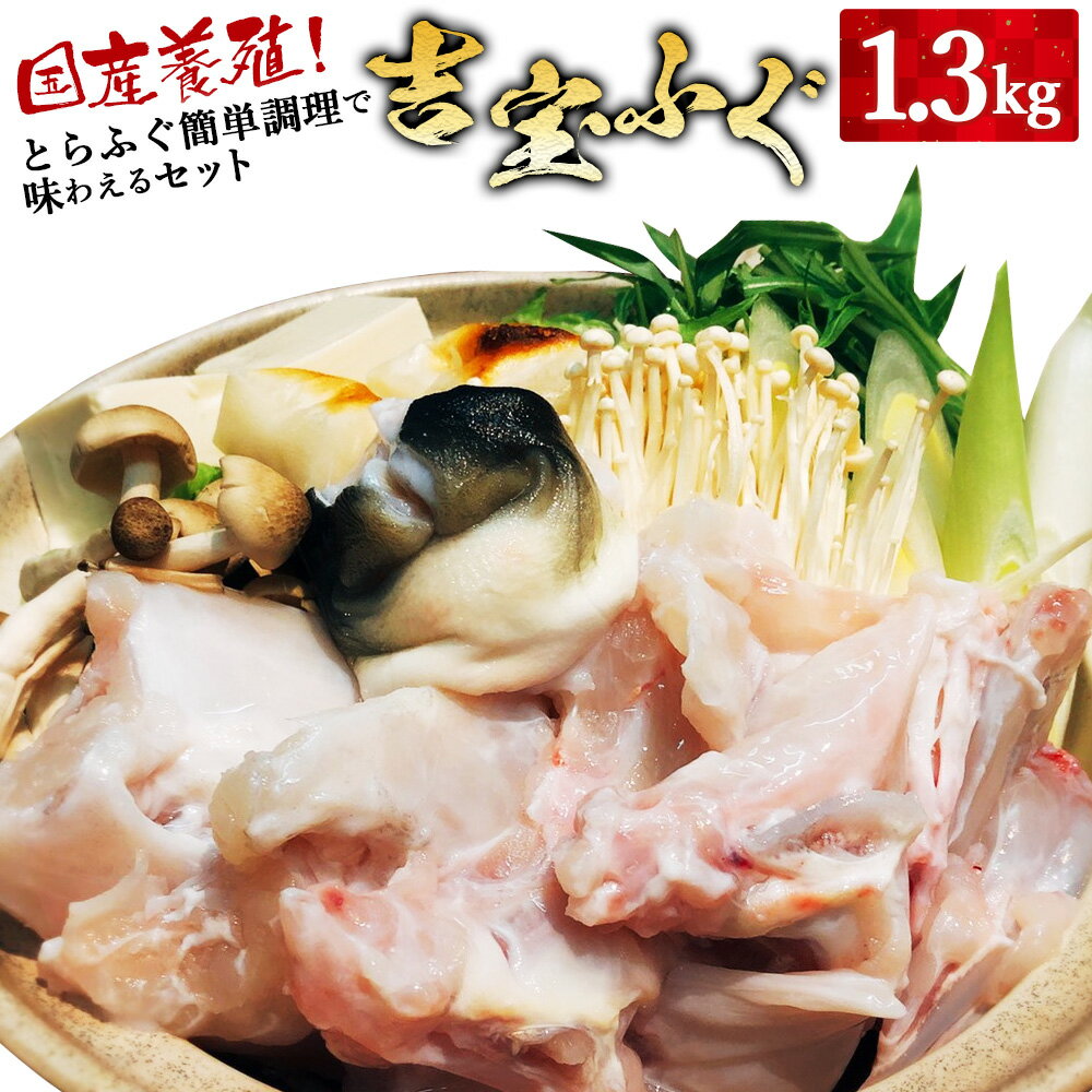 【ふるさと納税】国産養殖!とらふぐ簡単調理で味わえるセット 吉宝ふぐ 1.3kg フグ トラフグ とらふぐ 約3〜4人前 原魚 皮湯引き 100g 焼きヒレ 4枚 家庭用 刺身 ふぐ刺し ふぐ鍋 鍋 唐揚げ レシピ付き 送料無料 【2025年10月下旬から2026年4月上旬発送開始】