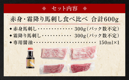 【桜屋】 赤身 霜降り 馬刺し 食べ比べ （各300g） 計600g（専用醤油付き 150ml×1本） 馬肉 ヘルシー 低カロリー 冷凍パック おかず 熊本県 八代市
