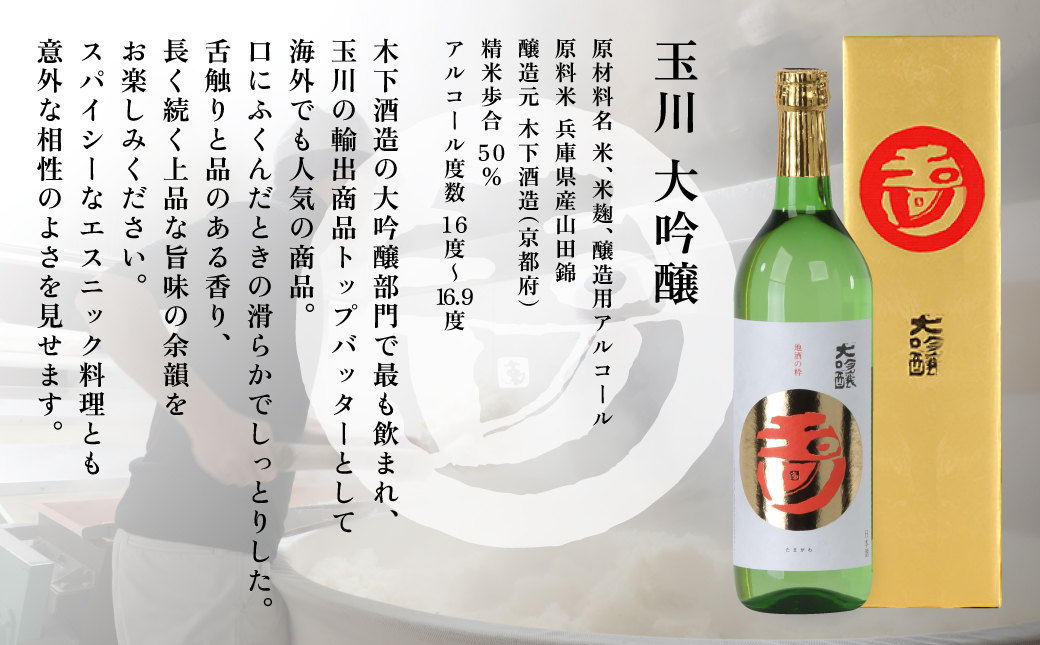 玉川 大吟醸 720ml 木下酒造 加東市特A地区産 山田錦使用 化粧箱入[ 日本酒 酒 お酒 四合瓶 贈答品  ] アルコール 家飲み 宅飲み 晩酌 