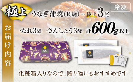 うなぎ蒲焼特大3尾(さんしょう・たれ付き)計600g以上 鰻 魚 魚介 加工品 九州産 国産_T026-002【人気 鰻 うなぎ ギフト 鰻 うなぎ 食品 鰻 うなぎ おかず 鰻 うなぎ  お土産 鰻