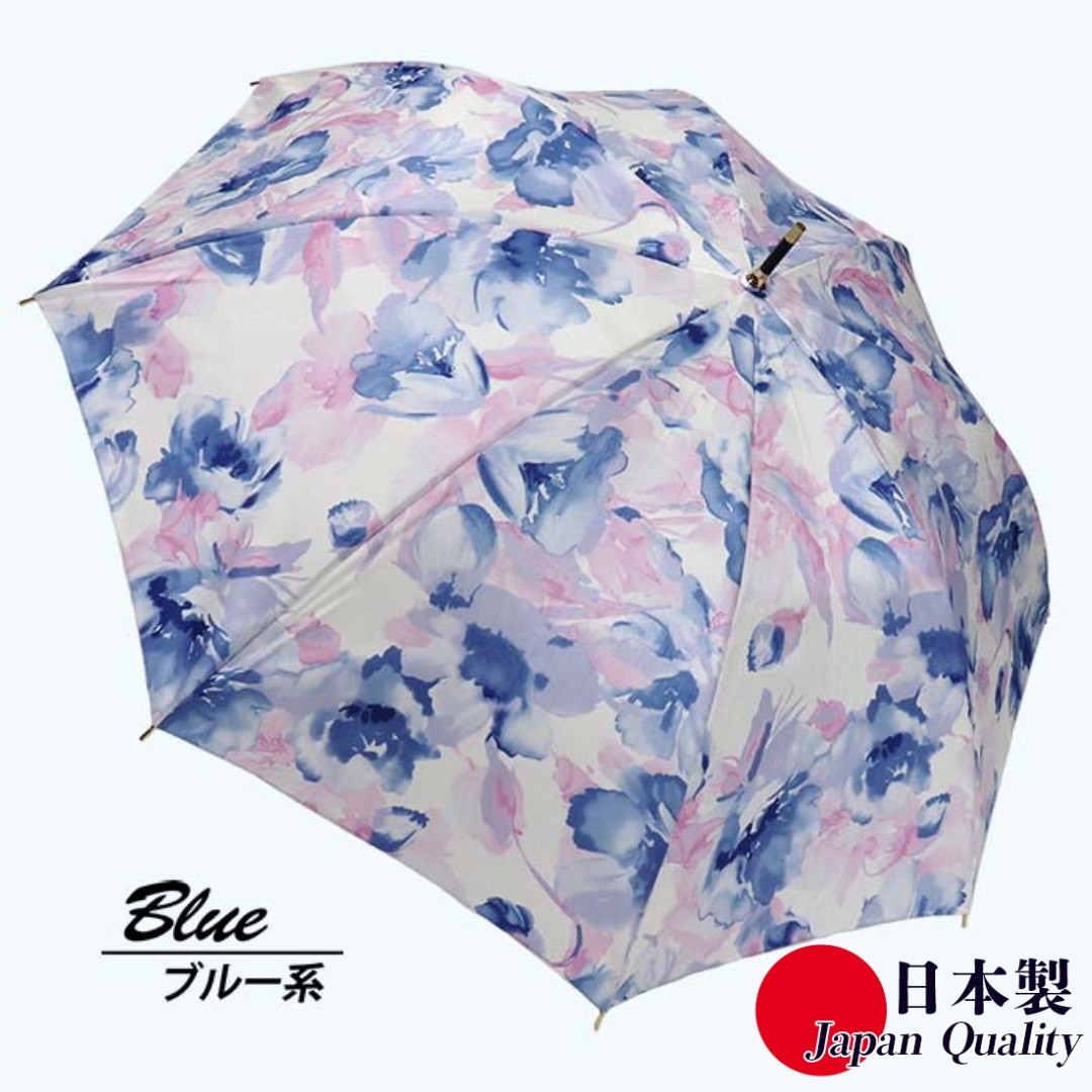 
レディース雨傘 長傘 シャンタン花柄プリント手開き 日本製 ブルー系 173602 ／ まちづくり観光振興機構 モダン 高級感 奈良県 田原本町

