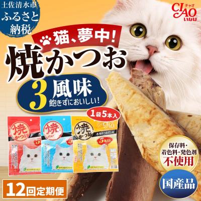 ふるさと納税 土佐清水市 キャットフード いなば チャオ・焼かつお 全3風味(5本入×3袋)×12回定期便【J00096】