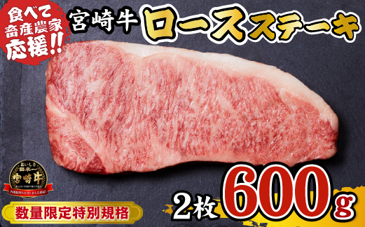 【A4等級以上】宮崎牛 ロースステーキ 600g（牛肉 黒毛和牛 畜産農家応援 ロース ステーキ 赤身 数量限定 内閣総理大臣賞）