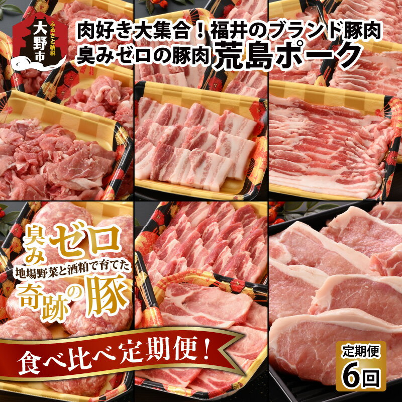 【ふるさと納税】【肉の定期便×6回コース】肉好き大集合！臭みゼロの豚肉「荒島ポーク」食べ比べ 定期便！【福井のブランド豚肉】[F-054001]|焼肉 しゃぶしゃぶ ステーキ ハンバーグ 国産 豚肉 もも サシ とろける 甘み お取り寄せ 最高級 冷凍 パック 小分け 送料無料