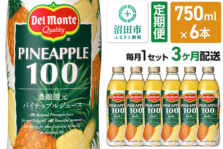 《定期便3ヶ月》デルモンテ パイナップルジュース 瓶 750ml 6本セット