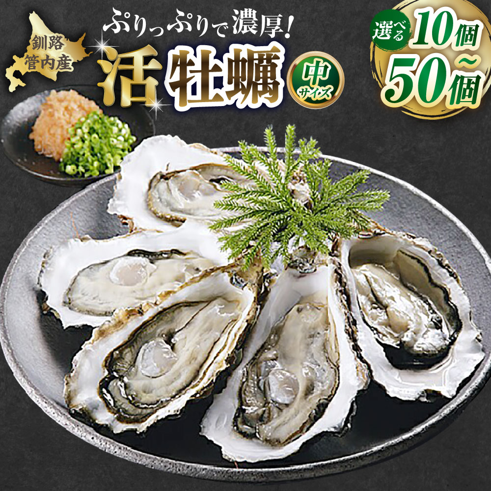 【ふるさと納税】【ぷりっぷりで濃厚！】釧路管内産【活】牡蠣（中） 1個あたり約100～130g 選べる内容量 ( 10個 / 15個 / 50個 ) 殻付き 牡蠣 かき カキ 魚貝類 貝 水産物 海鮮 海のミルク 生食 焼ガキ お鍋 冷蔵 北海道産 国産 北海道 釧路市 送料無料