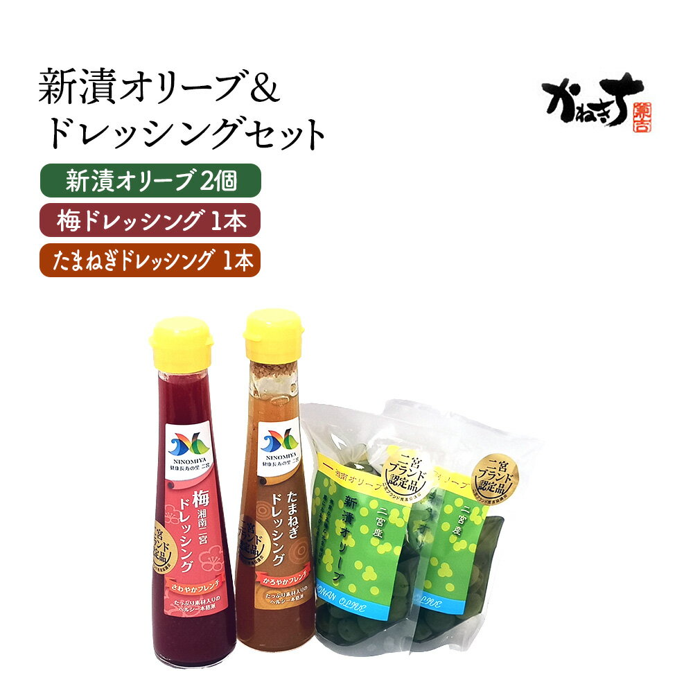 【ふるさと納税】 新漬オリーブ＆ドレッシングセット【かねきち】 ／ オリーブ ドレッシング セット 新漬 湘南 グリーンオリーブ たまねぎドレッシング 梅ドレッシング 食卓 調味料 ギフト 食品 詰め合わせ 手作り風味 食べ比べ 地域特産 素材感 さわやか風味 No.075